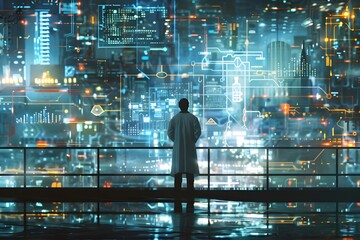 A man in a lab coat stands on a bridge looking out over a city. The city is illuminated with bright lights and the man is looking at something in the distance. Scene is one of curiosity and wonder