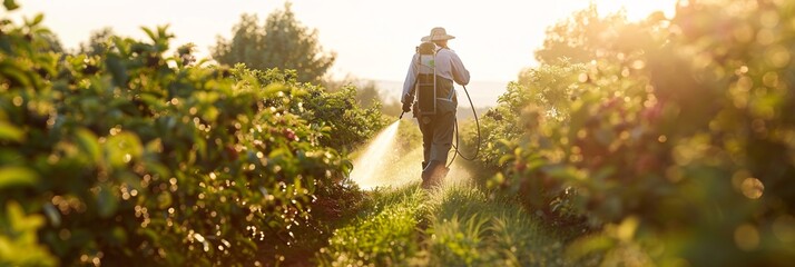 Farmer meticulously using a pesticide, insecticide and herbicide sprayer in a vibrant blueberry farm during the tranquil springtime, before the onset of blooming