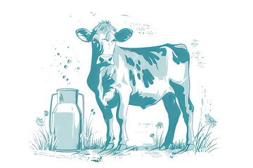 illustration of a cow with a milk can in minimalist flat style in monochromatic blue tones. Rural cow on a white background and a pot of fresh milk. Advertisement of dairy products, poster, placard. - 785779997