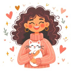 Fototapeta premium illustration of a girl happy with curly hair holding a cute cat