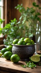 Collection of fresh, green limes prominently displayed in ornate, dark metal bowl that sits on rustic wooden surface. Bowl adorned with intricate designs, adding element of elegance to scene.