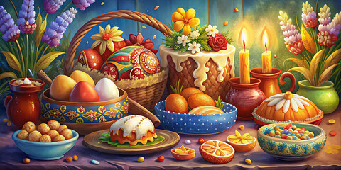 easter still life with easter eggs and flowers