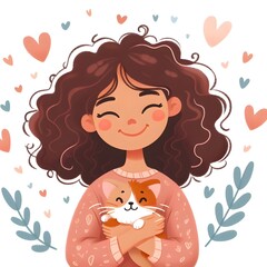 illustration of a girl happy with curly hair holding a cute cat