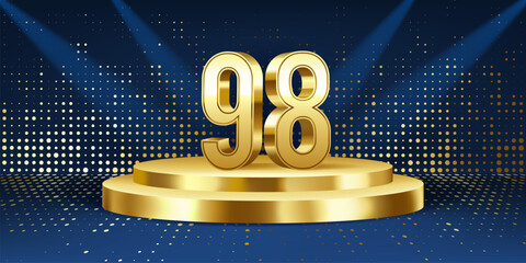 98th Year anniversary celebration background. Golden 3D numbers on a golden round podium, with lights in background.
