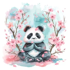 Foto op Canvas Adorable panda in a spring scene with sakura blooms, suitable for children's prints and birthday cards. © Neuraldesign
