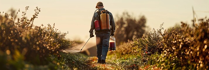 Farmer meticulously using a pesticide, insecticide and herbicide sprayer in a vibrant blueberry farm during the tranquil springtime, before the onset of blooming