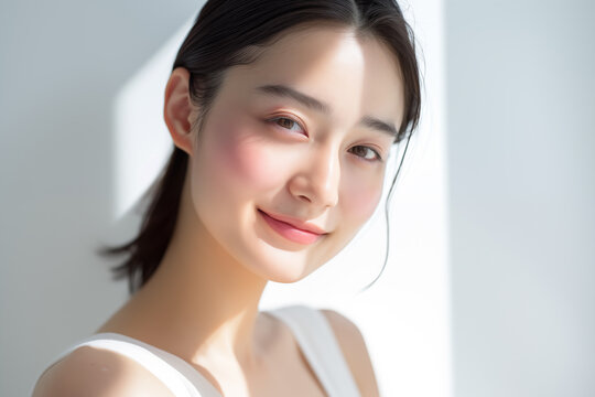 Radiant young Japanese woman with a subtle smile in soft lighting