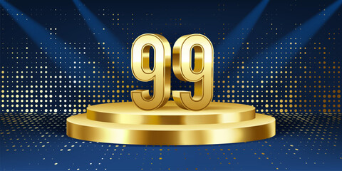 99th Year anniversary celebration background. Golden 3D numbers on a golden round podium, with lights in background.