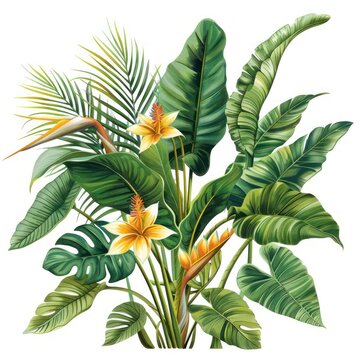 A detailed illustration of a dense arrangement of tropical plants, featuring large green leaves and bright yellow and orange flowers