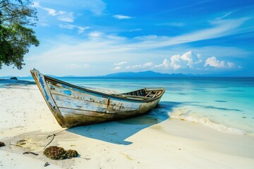 Tropical beach and travel photography. Old boat on a serene white sand beach with turquoise water.