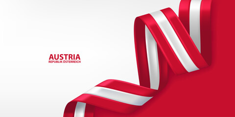 Austria 3D ribbon flag. Bent waving ribbon in colors of the Austria national flag. National flag background design.