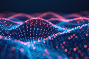 Wave pattern in blue and pink hues adorned with red dots, dynamic and vibrant design