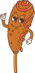 Cartoon retro corndog groovy character or funky fast food, vector comic personage. Happy groovy corndog sausage with Ok alright hand gesture, funny 70s hippie or hipster fastfood in cartoon art