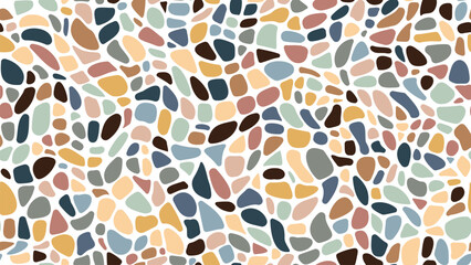 Mosaic gravel and pebble stone seamless pattern for floor tile, vector background. Color ceramic gravel or cobblestone pebbles mosaic pattern with soft shape stones in abstract irregular background