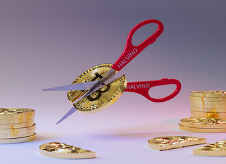 A Bitcoin coin is being cut in half by scissors on a neutral background, concept of Halving, an event that occurs every four years and divides miners' rewards in half