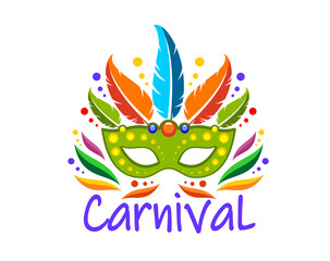 Carnival party mask with feathers, entertainment event icon. Isolated vector vibrant mask emblem, encapsulating mysterious spirit of Mardi Gras or Brazil masquerade celebration and holiday festivity
