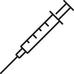 Pharmacy syringe with needle thin line icon. Medicine health care injection, drugstore vaccine dose or pharmacy treatment line vector pictogram. Pharmaceutical linear icon or symbol with syringe