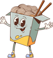 Cartoon retro noodles box groovy character. Isolated vector asian fast food pasta personage, noodles in carton package with chopsticks, wide grin and happy eyes exudes cool, laid-back 60s or 70s vibe