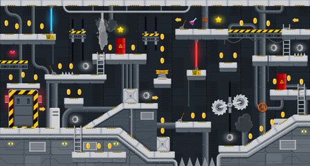Arcade underground factory game level map interface. Traps and steel metal platforms and coins, golden stars on console or computer game level, arcade app vector background, retro videogame backdrop