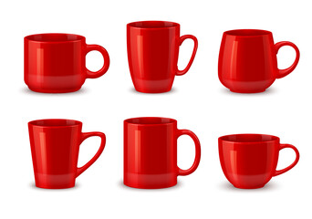 Red ceramic coffee mugs or tea cup mockups, vector realistic tableware. Different coffee mug or tea cup with handles, red porcelain kitchenware or drink dishware and table crockery mock ups