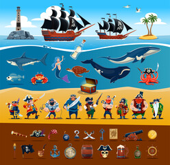 Cartoon pirate captains and sailors characters, ships and sea animals, pirate items. Funny corsairs vector personages with hats, swords, treasure chest and map, hook, eye patch, skull and parrot