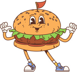 Cartoon retro hamburger groovy character pointing with thumbs on itself. Isolated vector vibrant, tasty burger fast food personage with wide smile, beef and lettuce exudes cool, funky 60s or 70s vibe