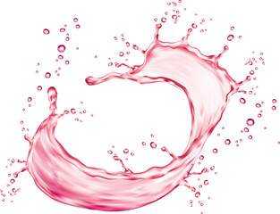 Realistic pink water swirl splash with drops. Fresh vitamin juicy drink, berry wine, pink water whirl isolated 3d vector fizz. Fruit juice splash realistic ripples or flow droplets