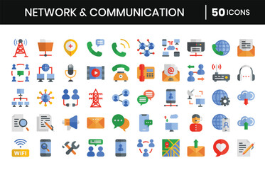 Network And Communication Flat Icons Set.