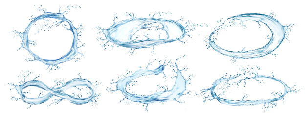 Round circle water splashes and swirls. Isolated 3d vector realistic set of blue fluid transparent waves and flows in motion. Fresh oval, circular and infinity shaped clear splashing dynamic droplets - 785781988