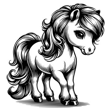 Pony beautiful mane and tail, anti-stress wood pattern. Coloring book adults. Vector, generative ai.