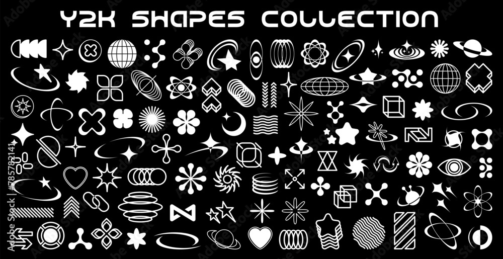 Poster y2k icons, graphic elements and retro shape symbols, vector abstract design. y2k shapes of star, flo