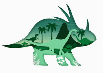 Paper cut triceratops dinosaur silhouette with prehistoric era landscape. Isolated 3d vector frame in shape of dino animal with apatosaurus or tyrannosaurus rex among palms, volcano and ancient plants
