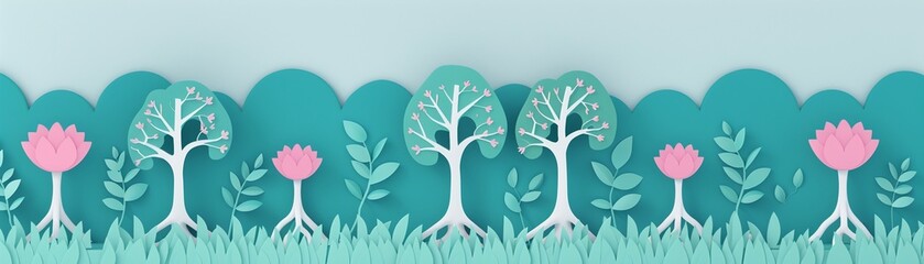 Illustration of a network of trees with interconnected roots, metaphor for organizational growth through teamwork, lush green tones Suitable for environmental themes, papercut style - obrazy, fototapety, plakaty