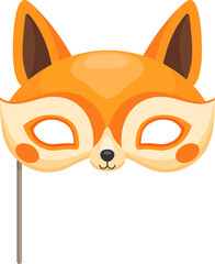 Carnival party fox animal mask for festival or birthday costume, cartoon vector template. Fox face muzzle mask on stick for kids birthday or entertainment masquerade event of happy zoo animal props
