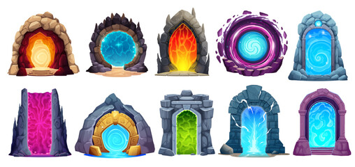 Fantasy game cartoon magic portal door set. Vector enchanting doorways transport adventurers to mystical realms, their intricate runes and shimmering surfaces concealing gateways to fantastical worlds - obrazy, fototapety, plakaty