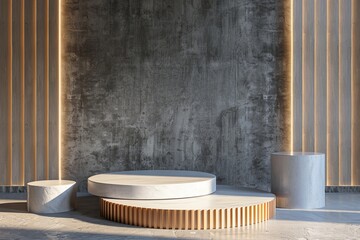 Concrete Room With Round Table and Two White Vases