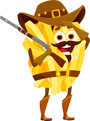 Cartoon Italian fettuccine pasta cowboy and sheriff, robber, ranger and bandit character. Food Wild West cowboy, noodle western bandit or Italian pasta Texas ranger vector personage with rifle