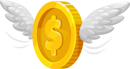 3d golden money coin with wings gleams, symbolizing prosperity and freedom. Isolated vector gold flying dollar currency signify the potential for financial growth, fortune and soaring opportunities