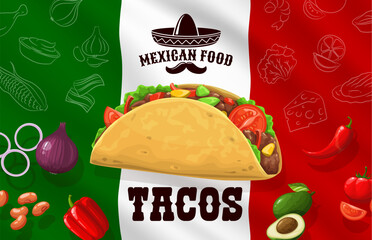 Tacos day banner with Mexican flag and ingredients onion, beans, bell pepper and avocado, jalapeno pepper and tomatoes. Vector national background in traditional colors of Mexico and tex mex food meal