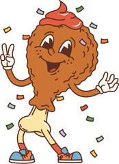 Cartoon retro fried chicken leg groovy character or funky fast food, vector comic personage. Happy groovy chicken leg with hot sauce and silly face, 70s hippie or hipster funny fastfood in cartoon art - 785782380