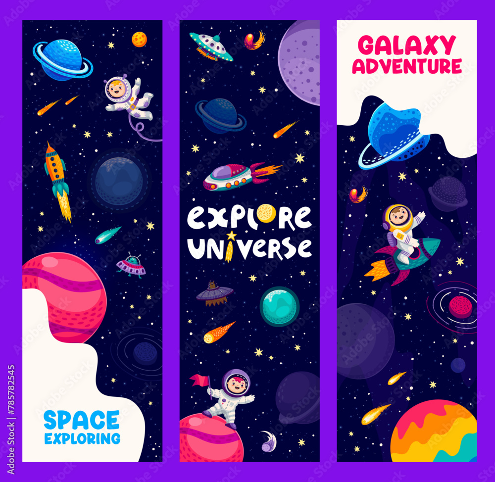 Aufkleber galaxy space banners with cartoon kid astronauts, spacecraft and planets on starry sky vector backgr