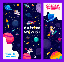 Galaxy space banners with cartoon kid astronauts, spacecraft and planets on starry sky vector background. Funny spacemen and aliens flying on rockets and UFO spaceship through stars and asteroids