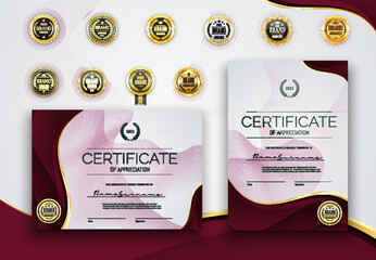 Maroon certificate diploma award vector template with golden seals and lines borders. Certificate of achievement, honor gift and award. Vertical and horizontal diploma, gold badges and laurel wreaths