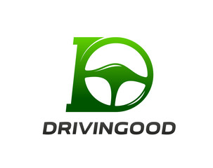 Safety drive icon, driving school symbol, features car steering wheel stylized as letter D in green color, symbolize driver protection, safe and caution. Isolated vector emblem of secure vehicle - 785782566