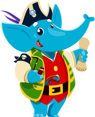 Cartoon funny elephant animal captain pirate character with treasure map and mischievous grin. Isolated vector tropical personage wear nautical costume, ready for searching hidden treasures adventure - 785782576