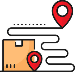 Shipping route color line icon of delivery package tracking with box and map pins, vector logistics. Shipping, cargo and package delivery service outline symbol, parcel location and order tracking