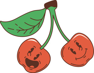 Cartoon retro hippie groovy cherry twins characters symbol. Isolated cute vector couple of fresh and ripe summer berries hanging on the same stem. Comic nostalgic juicy berries or fruit personages - 785782704