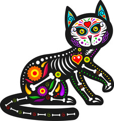 Mexican day of the dead cat animal sugar skull tattoo. Isolated vector dia de los Muertos kitten figure with bones, vibrant colors and floral motifs, symbolizes celebration of departed feline pets - 785782731