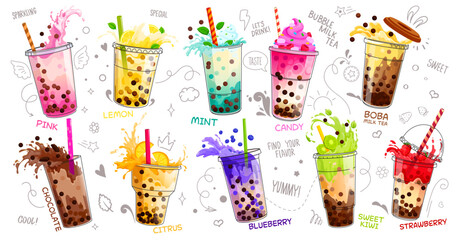 Cartoon milk bubble tea cups isolated vector set. Vibrant array of transparent mugs with colorful drinks, delightful blend of creamy milk tea and chewy tapioca or boba pearls, fruits and berries - 785782734