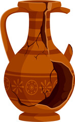 Ancient vase, Greek pottery pot or broken ceramic clay jug, vector antique amphora. Greek broken pottery, wine jar or pitcher bowl with handle and cracks, Roman ancient earthenware archeology